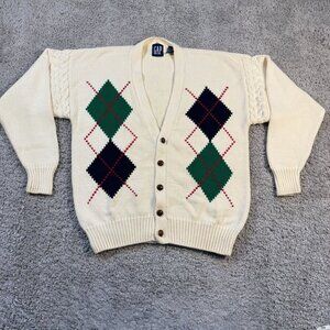 Vintage 90s GAP Argyle Sweater Mens Medium Cardigan Buttons Grandpa